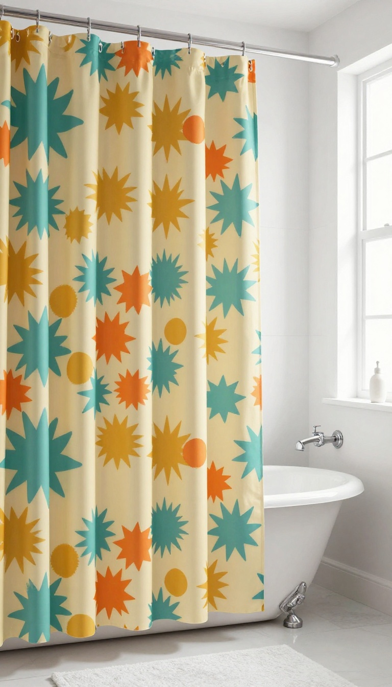 Retro atomic starburst shower curtain in a bright, neutral bathroom