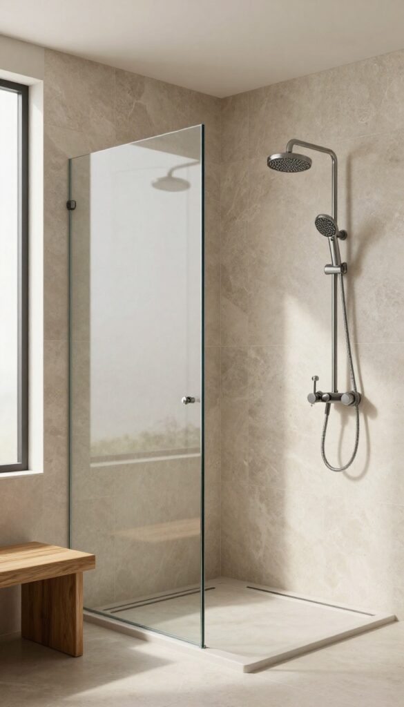 Modern walk-in shower with two adjustable shower heads at opposite ends, bright natural light, stone tiles and wooden bench.