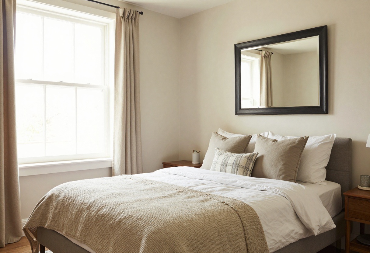 Small bedroom decorated with boutique style, featuring layered bedding, a mirror, and warm lighting.