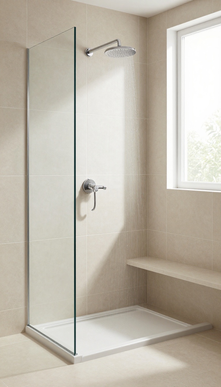 Walk-in shower with vertical stacked tile layout, large-format beige porcelain tiles, natural light, modern bathroom design