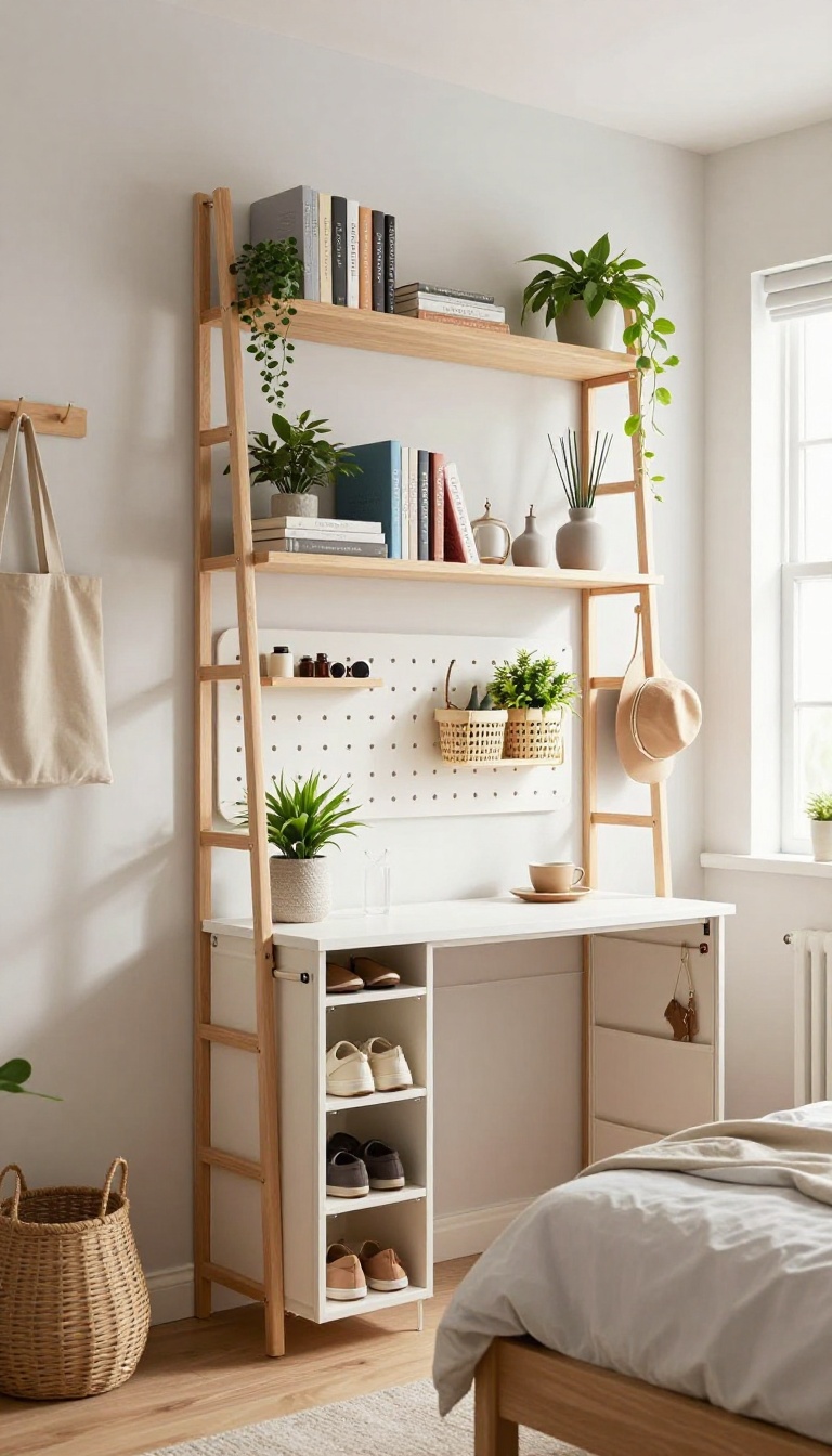 Small bedroom with vertical storage solutions including tall ladder shelves, floating shelves, over-the-door organizer, pegboard, and wall hooks, bright and airy.