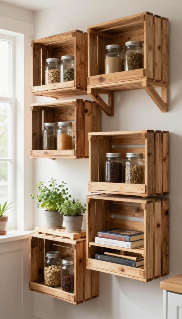 Rustic kitchen wall with repurposed wooden crate shelves holding jars, cookbooks, and herbs in natural light