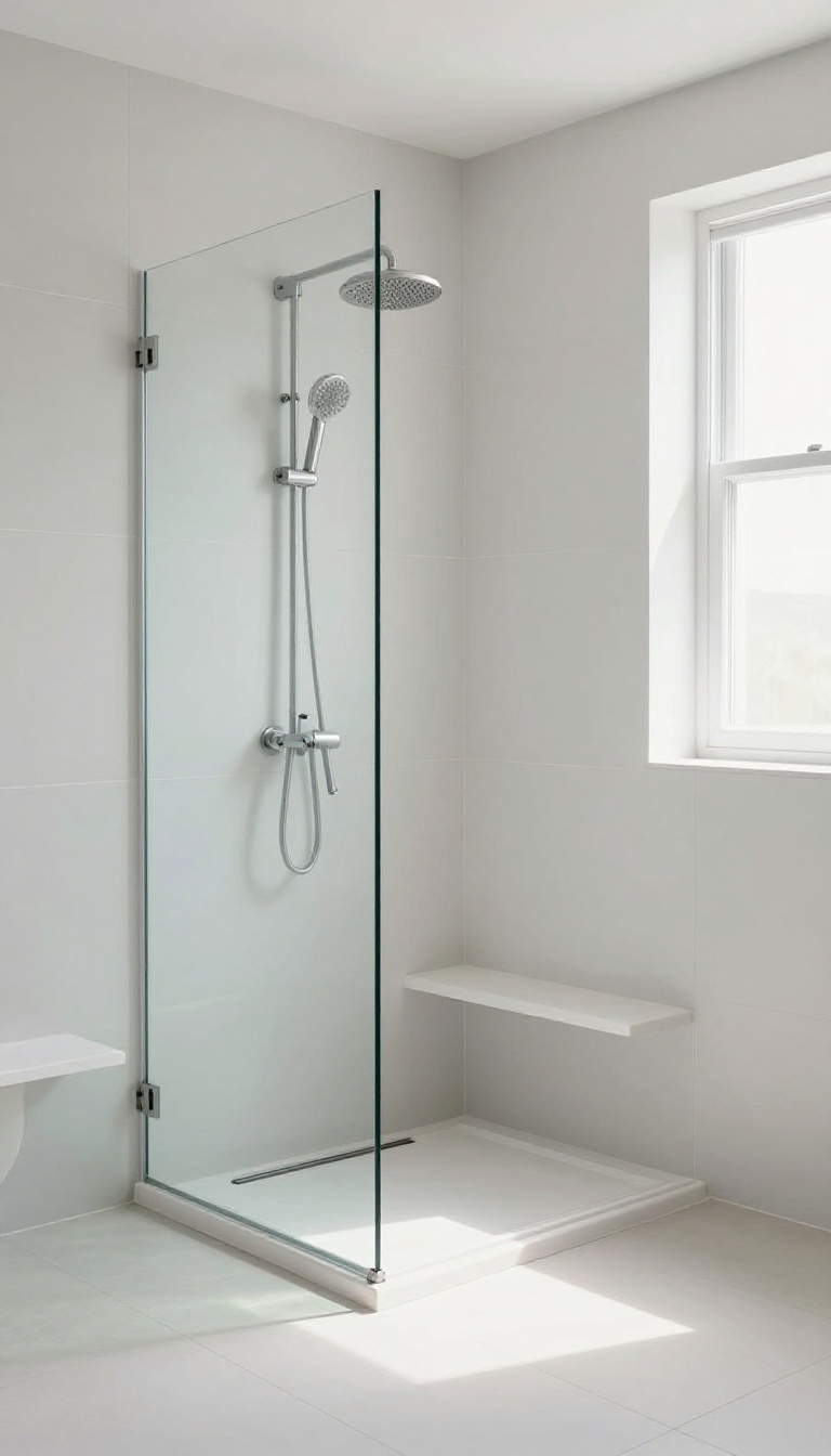 Curbless walk-in shower with glass panel in a tiny bathroom, no door, open and airy design