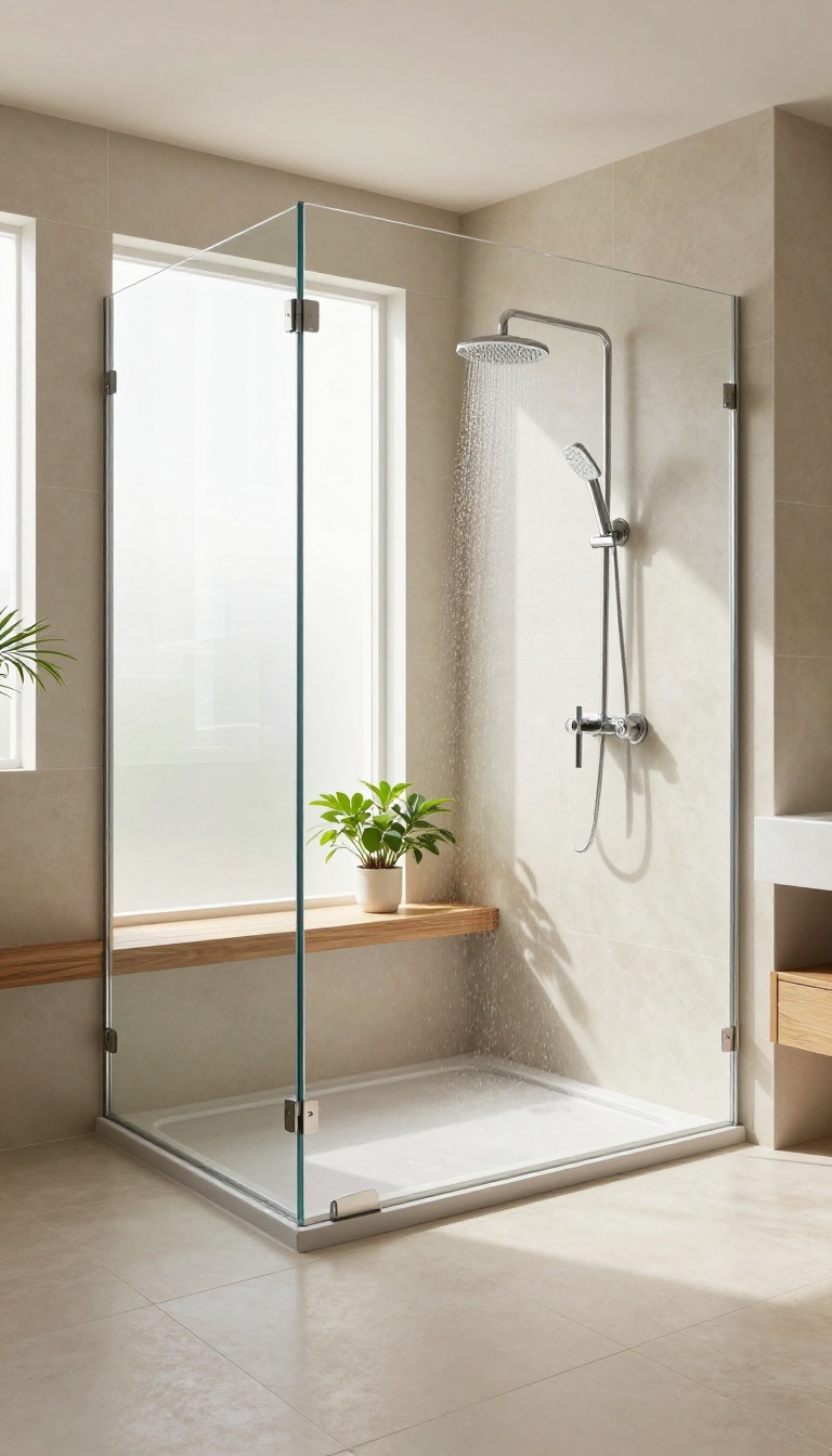 Spacious walk-in shower with an extra-large tray, natural light, and minimalist design