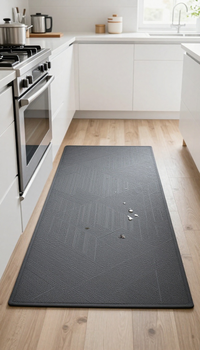 Heat-resistant mat placed under a gas stove in a bright, modern kitchen, protecting the floor from spills and splatters.