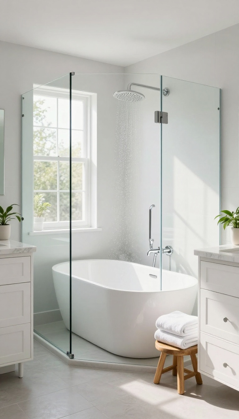 Modern bathroom with a freestanding tub, glass enclosure, and rain showerhead in bright natural light.