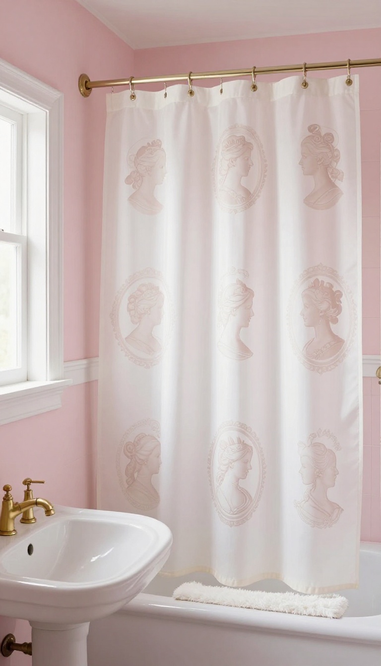 Victorian cameo shower curtain in a bright, elegant bathroom with vintage brass fixtures and soft pastel tones.