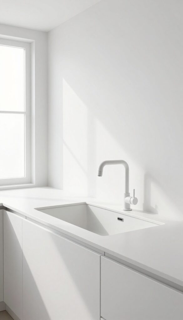 Modern minimalist kitchen with a seamless integrated solid surface sink in a white countertop