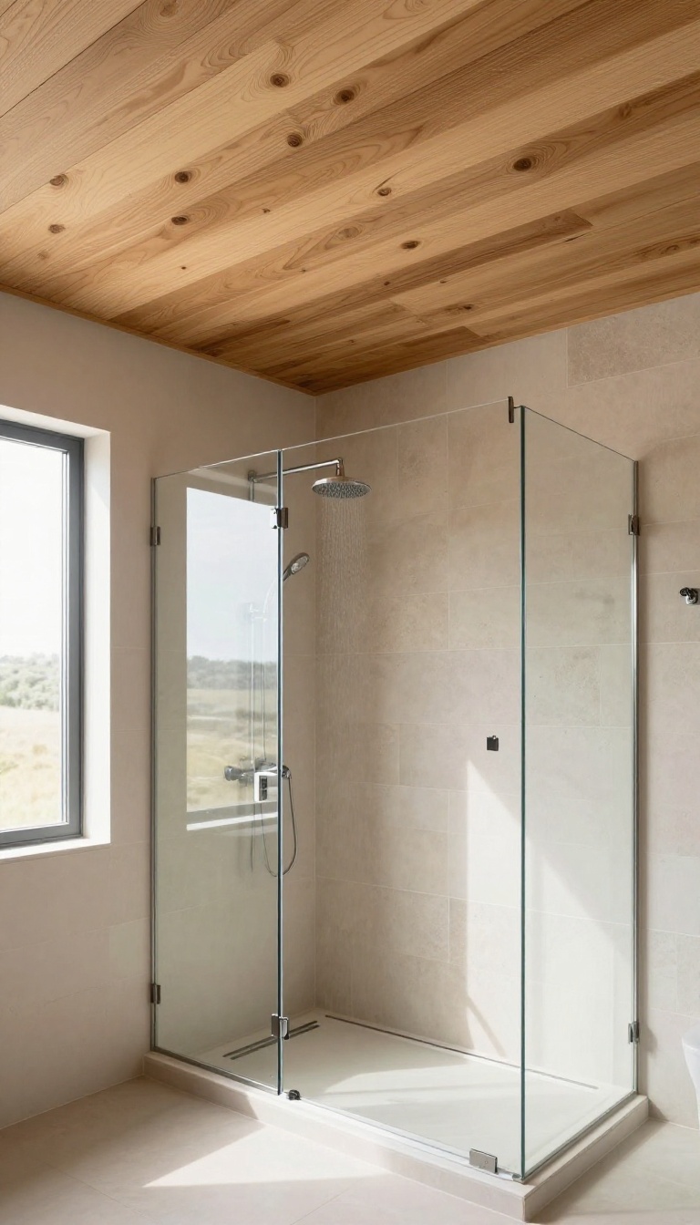 Moisture-resistant wood plank ceiling in a modern shower with natural light