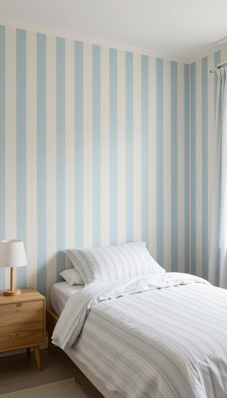 Small bedroom with vertical striped wallpaper and bedding, bright natural light, emphasizing height and proportion.