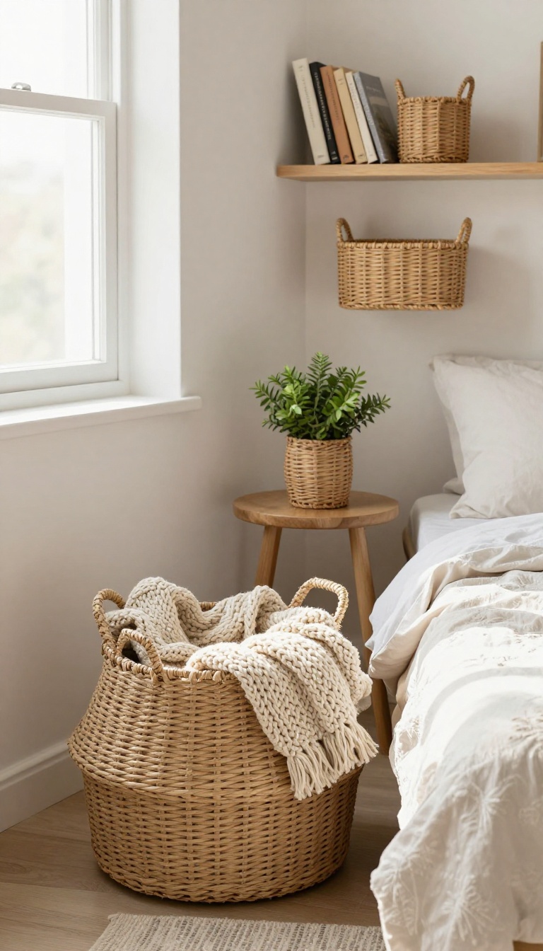 Cozy small bedroom with decorative baskets for clutter, featuring a woven seagrass basket with a blanket and rattan baskets on a shelf.