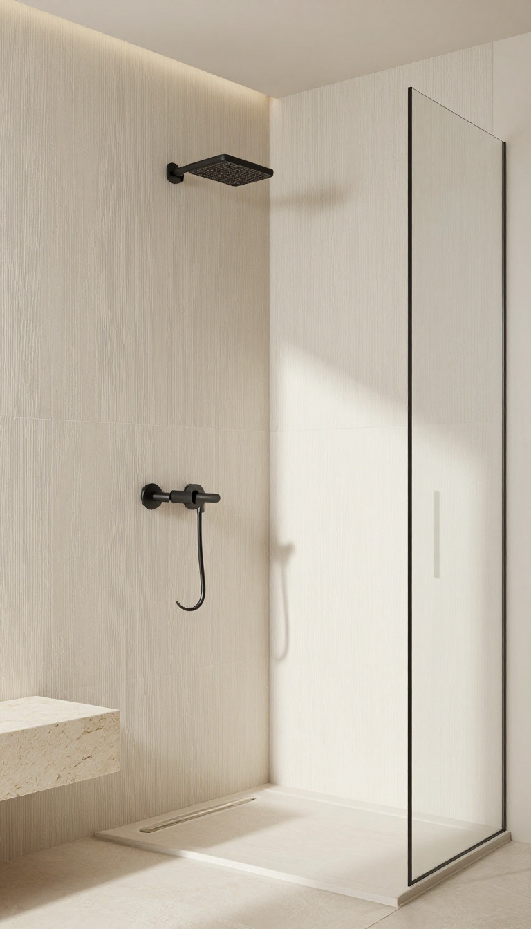 Modern shower with subtle textured neutral tiles in beige and cream, featuring vertical ribs and soft waves, matte black fixtures, and natural stone bench, bathed in soft natural light