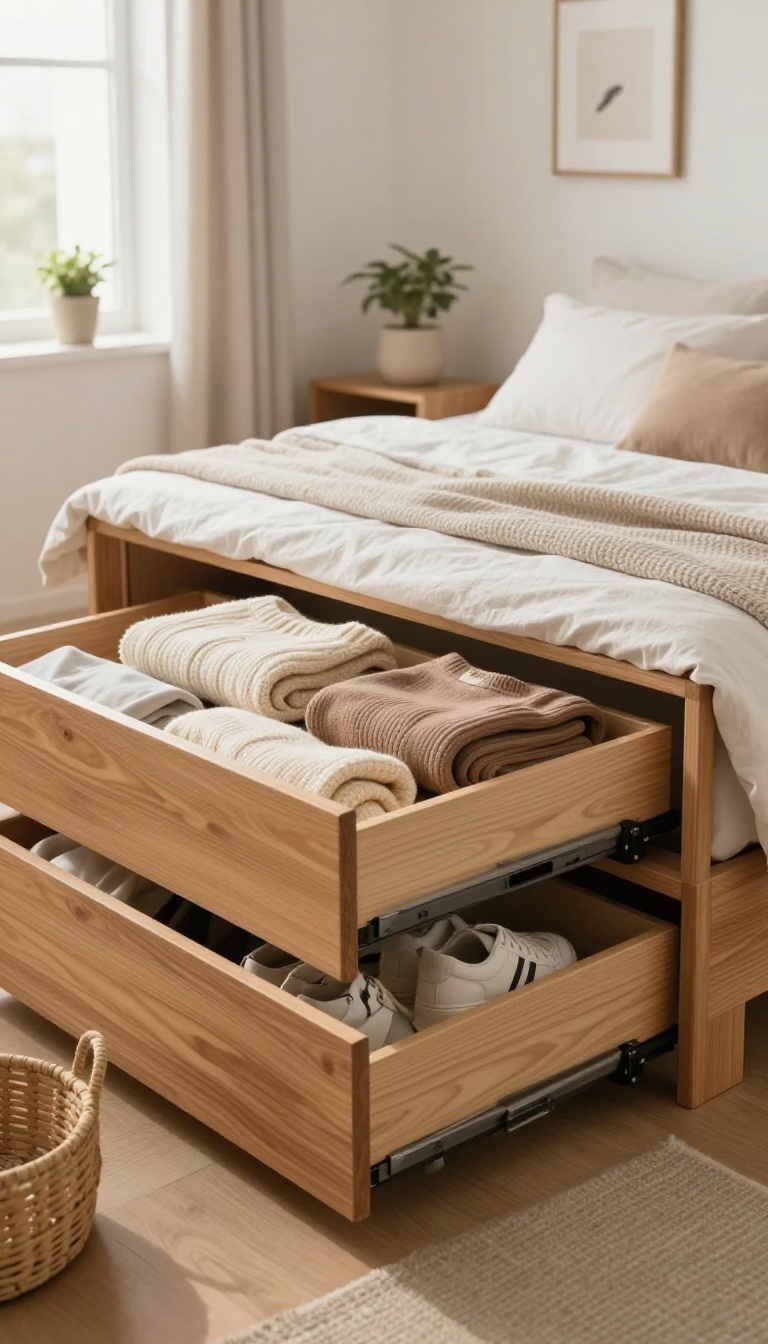 Small bedroom with a bed featuring built-in drawers, neatly organized and bathed in natural light.