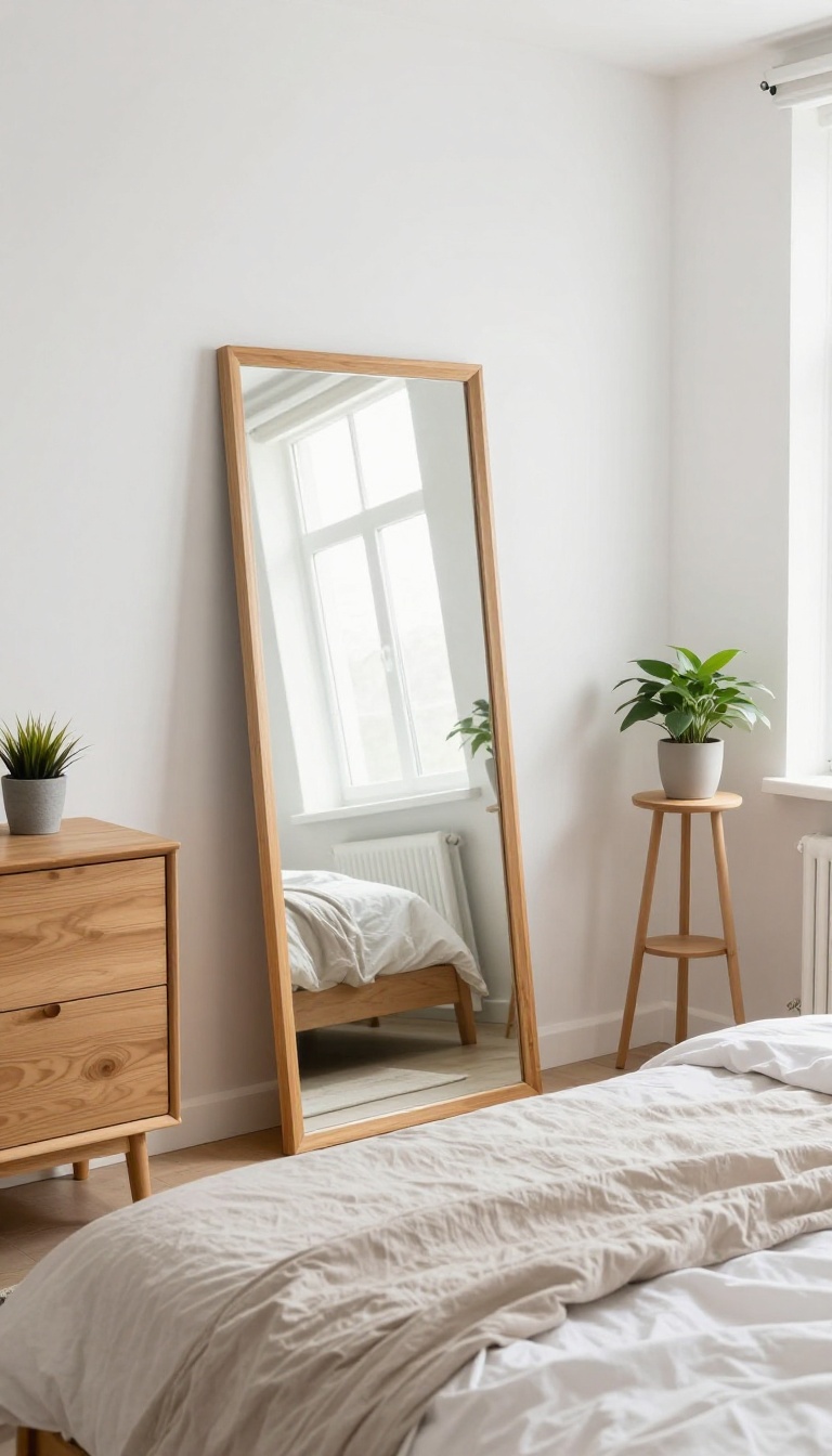 A floor mirror leaning against the wall in a small couple's bedroom, reflecting light and making the space feel larger.