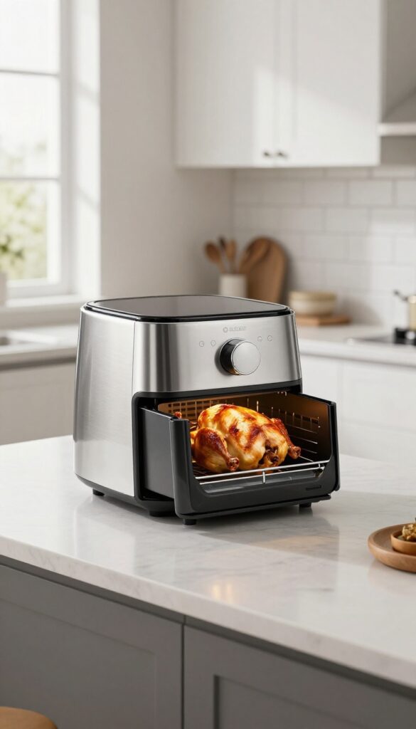 Compact air fryer with rotisserie function on a clean kitchen countertop, roasting a whole chicken
