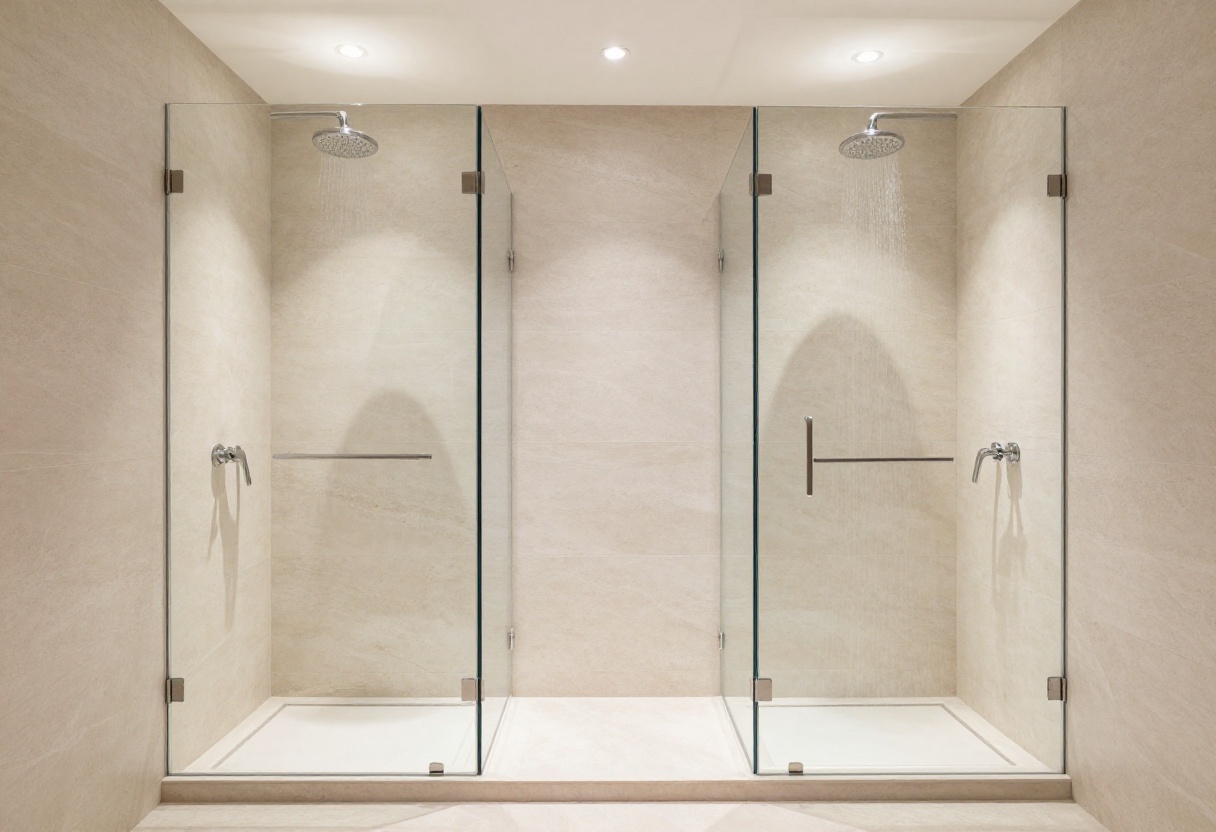 Modern double shower with two rainfall heads in a bright bathroom