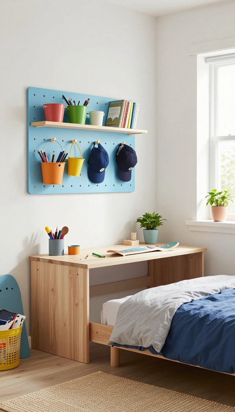 Boys bedroom with a blue pegboard wall organizing sports gear and art supplies