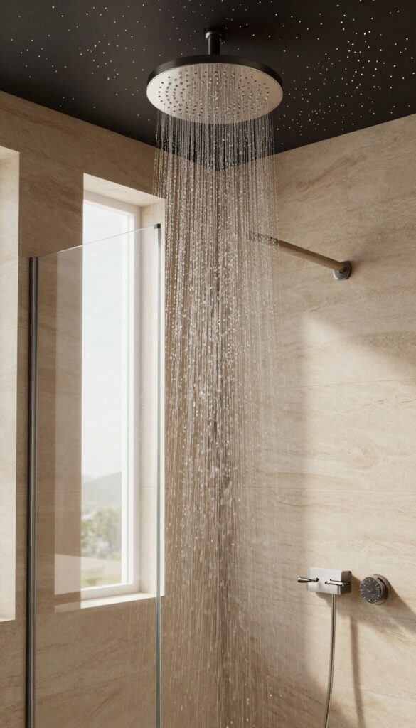 A serene shower with a fiber optic star ceiling, creating a magical night sky effect.