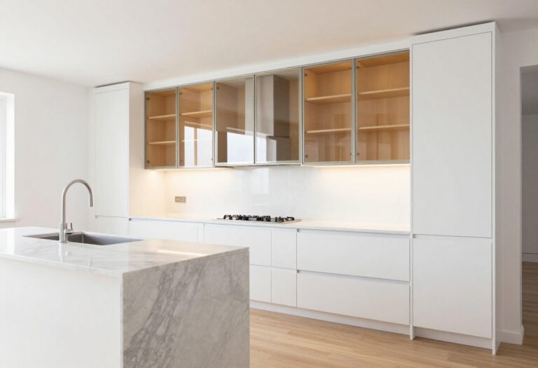 Bright kitchen with glass-front upper cabinets and warm lighting