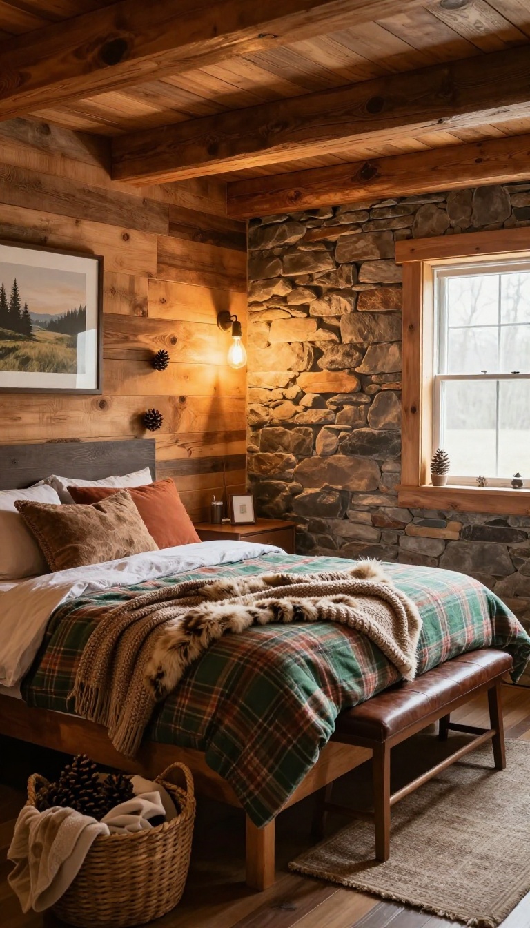 Cozy basement guest bedroom with rustic wood paneling, faux stone wall, and layered faux fur bedding in warm earthy tones