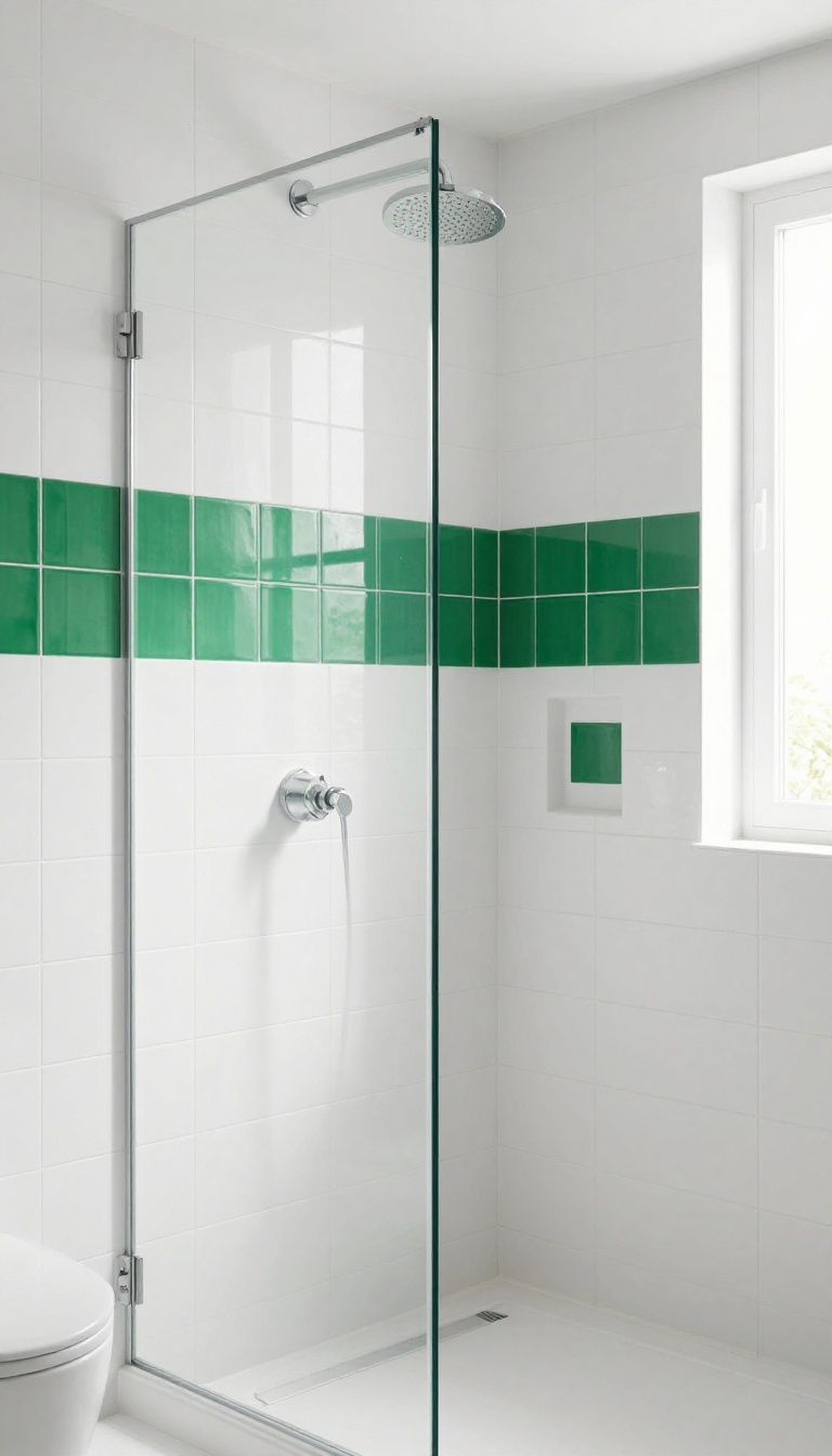 Modern shower with white tiles and a colorful emerald green accent strip at shoulder height