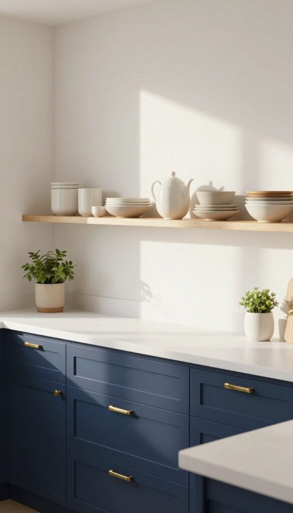 Navy blue kitchen cabinets with brass hardware and white countertops in a bright, cozy kitchen