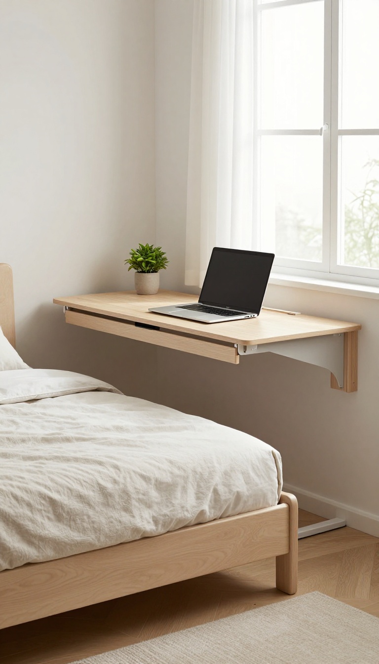 Small bedroom with multipurpose furniture: bed with built-in drawers, storage ottoman, and fold-down desk