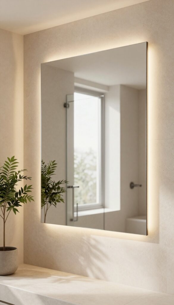 Modern bathroom with an LED mirror emitting a warm backlight, creating a relaxing glow near a glass shower