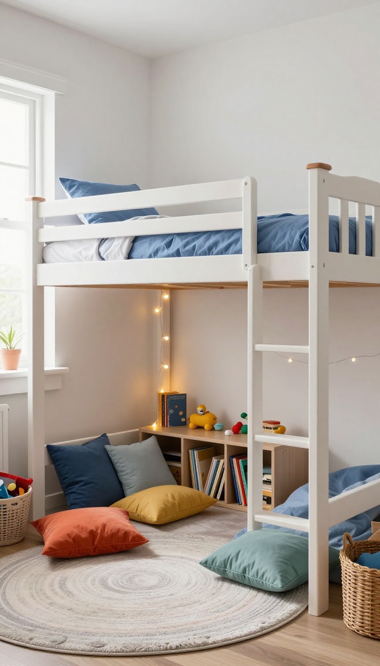 Vertical bunk bed with a cozy play area underneath in a bright boy's bedroom