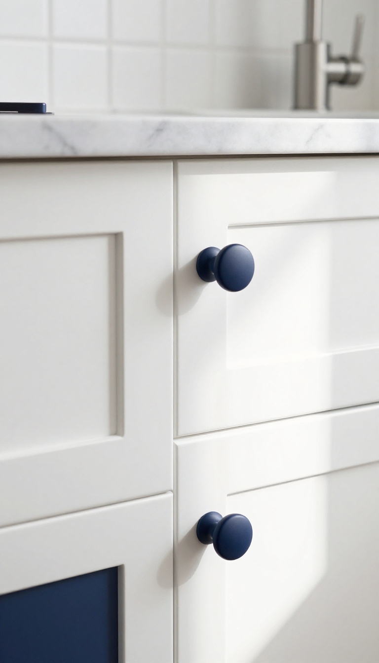 Close-up of white kitchen cabinets with navy blue hardware in a bright, modern kitchen