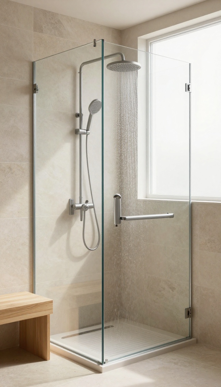 Modern walk-in shower with a handheld showerhead on a sliding bar, teak bench, and natural stone tiles