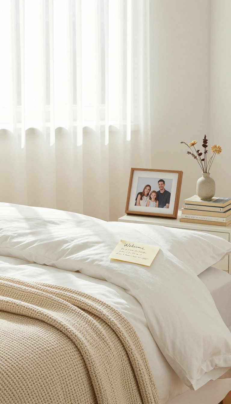 Cozy guest bedroom with personal touches like framed photos, a welcome note, books, and a vase of dried flowers.