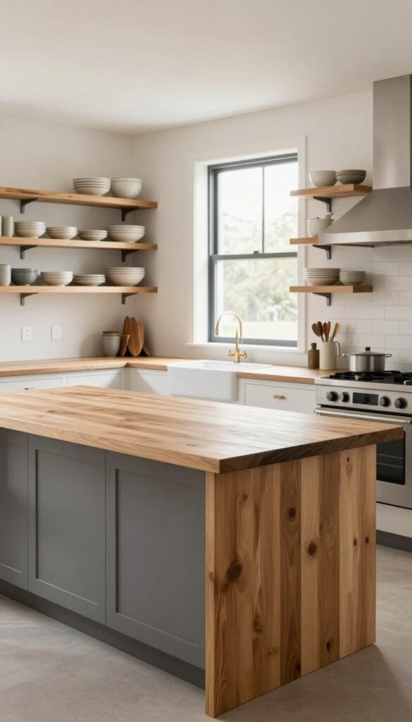 Modern barndominium kitchen with sealed butcher block countertops and white cabinetry