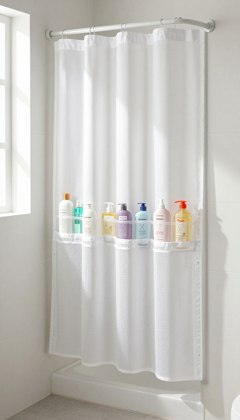 Small bathroom with a shower curtain featuring built-in mesh shelves holding toiletries, reducing clutter.