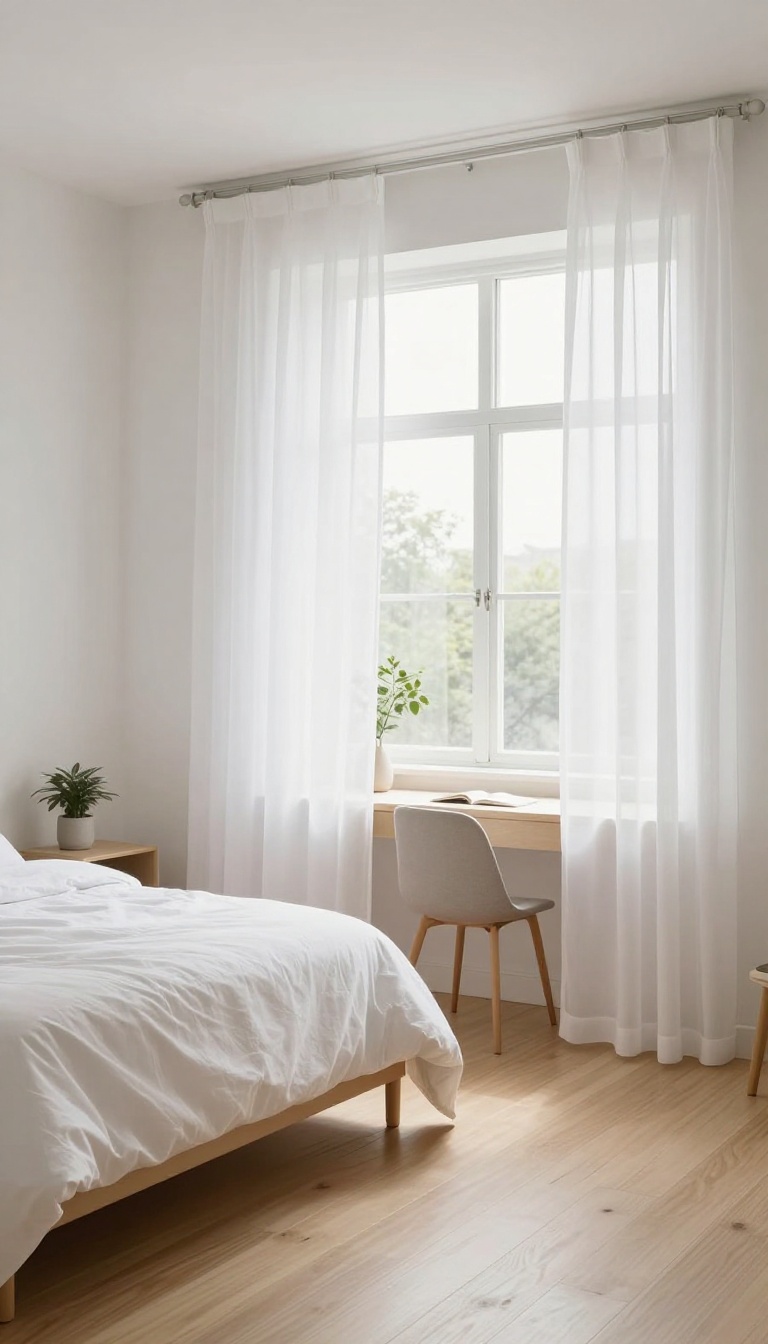 Small bedroom with ceiling-mounted curtains dividing sleeping and workspace areas