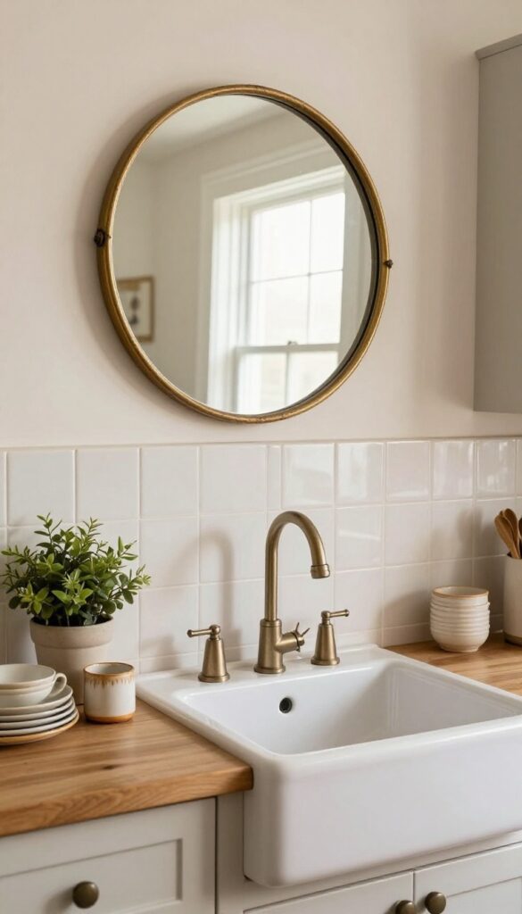 Vintage mirror leaning above a kitchen sink with a small plant and stacked plates nearby