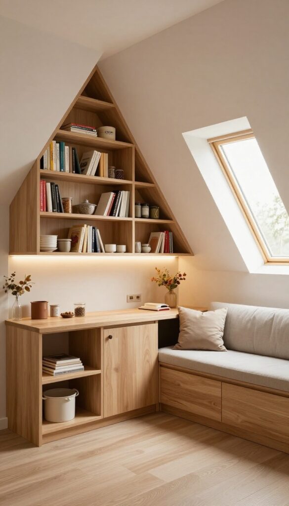 Custom built-in shelving and banquette seating in a cozy attic kitchen with sloped ceilings