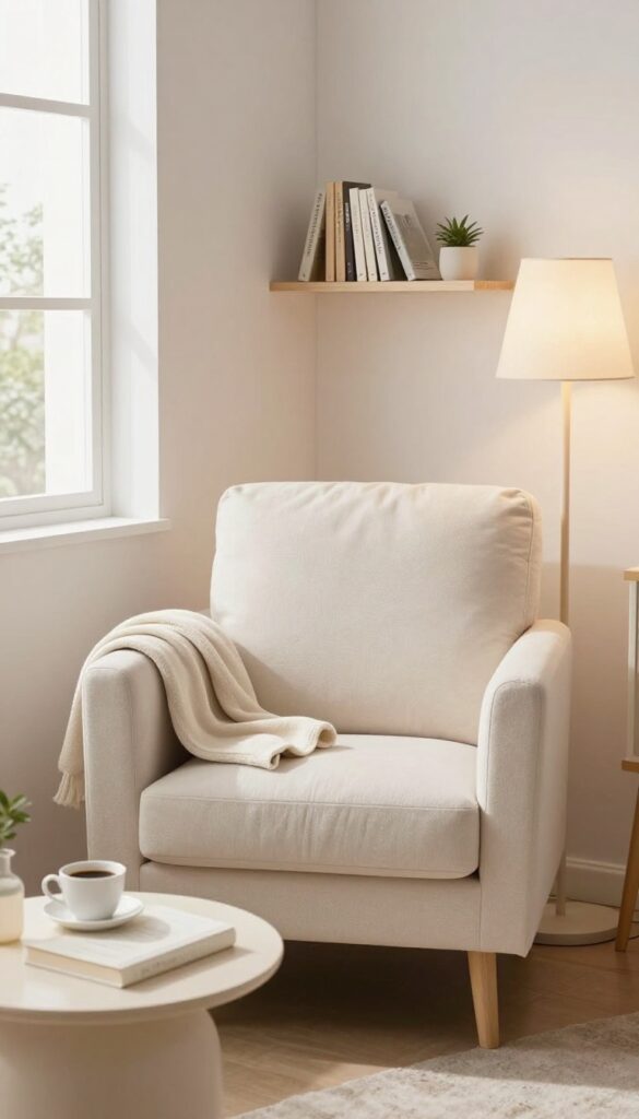 Cozy reading nook in a small bedroom corner with a plush armchair, side table, and warm lamp light.