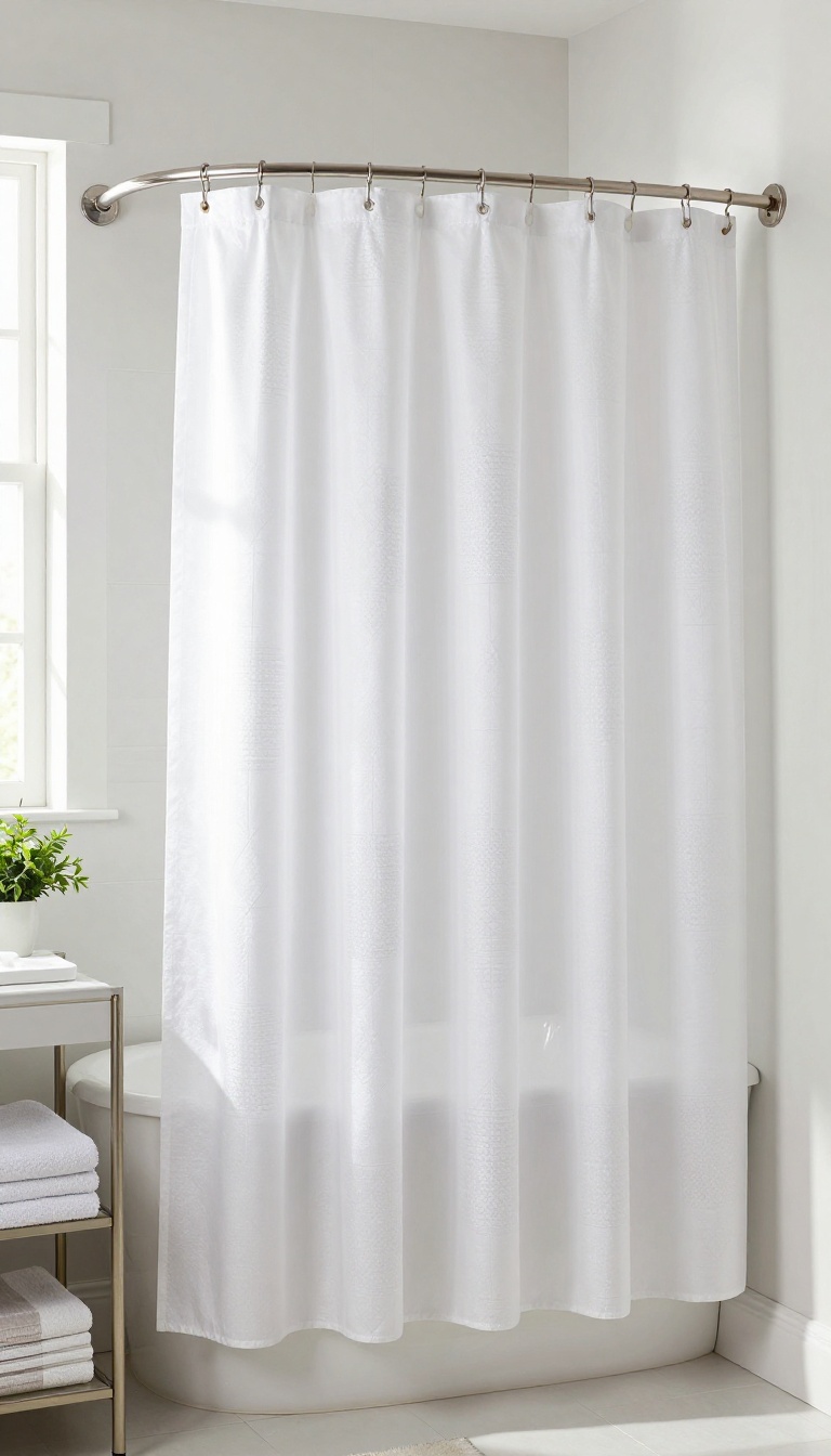 Small bathroom with shower curtain and bathtub, bright natural light