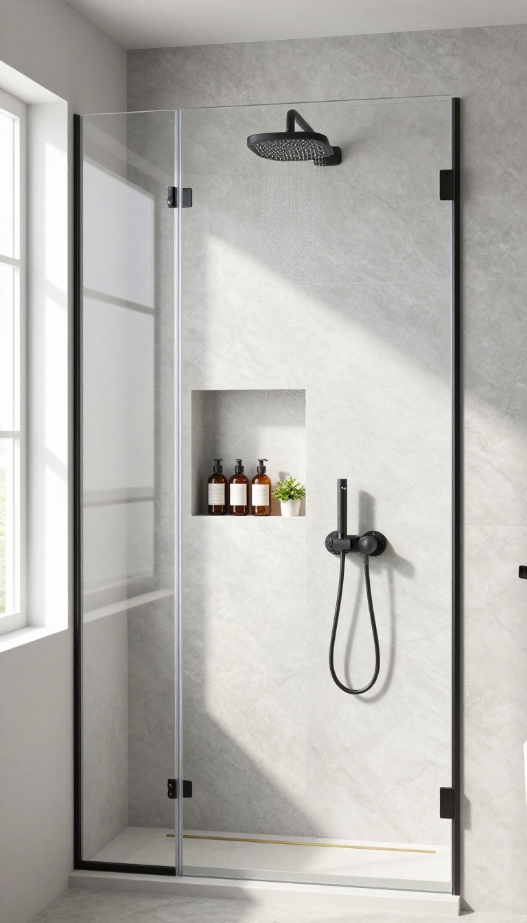 Built-in shower niche with marble tile and neatly stored bottles, showcasing clean design and natural light.