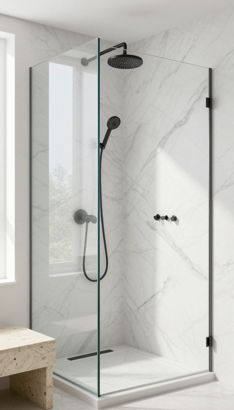 White marble shower with bold black veining and matte black fixtures