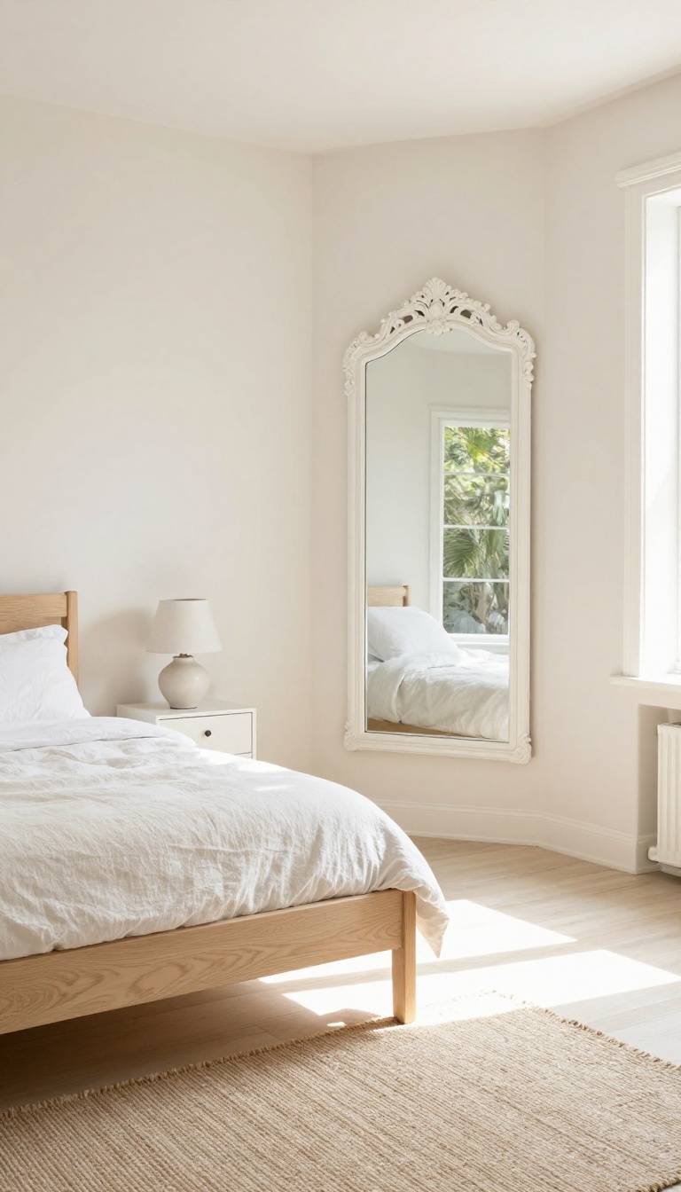 Bright small bedroom with light colors and a large mirror reflecting natural light
