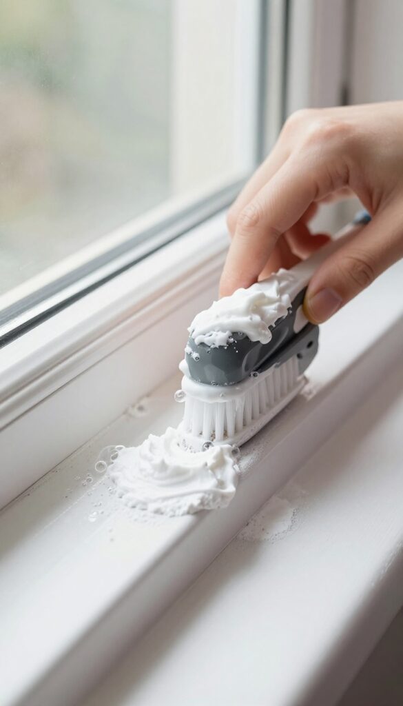 Hand applying a fizzing baking soda and vinegar paste to a window track with a toothbrush