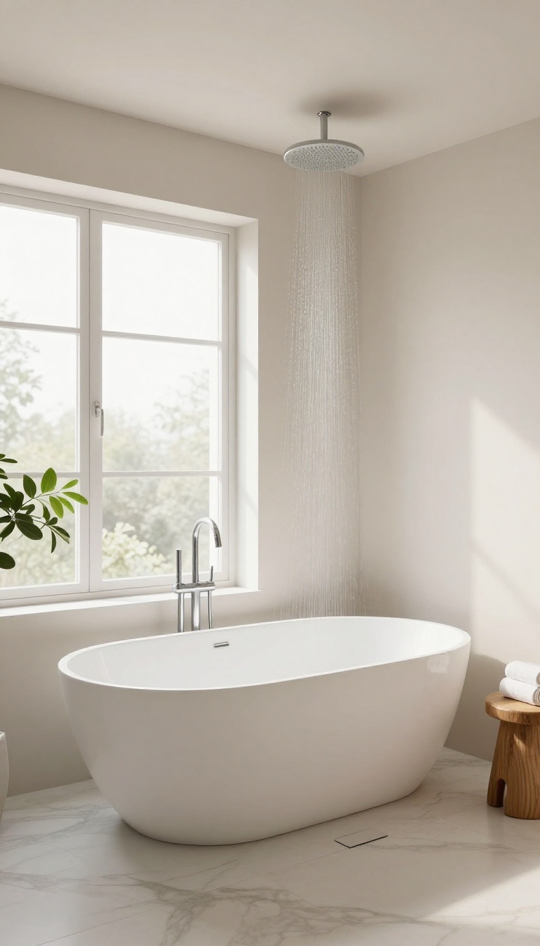 Freestanding bathtub with ceiling-mounted shower in a bright, airy family bathroom