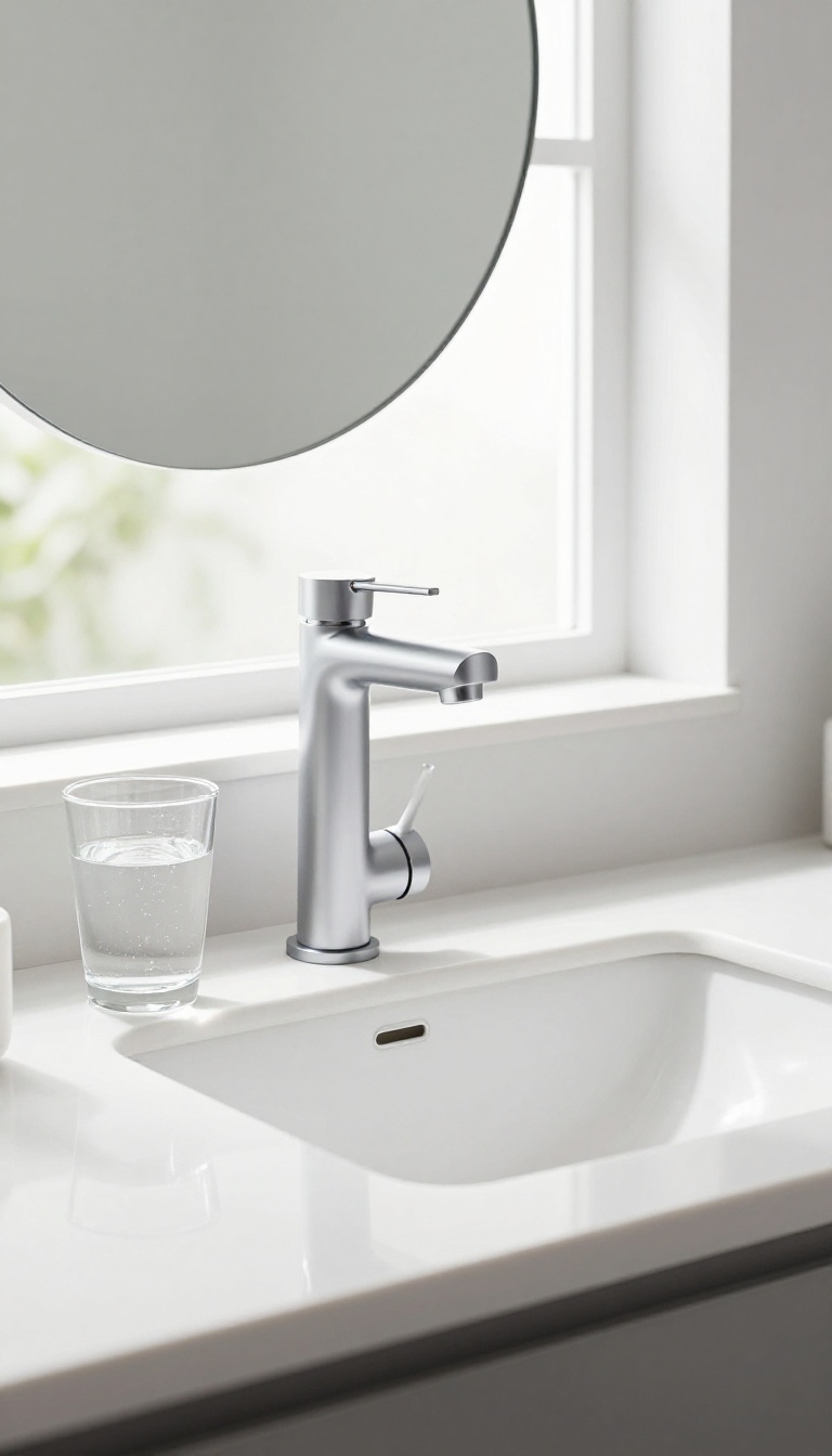 Modern guest bathroom with a faucet-mounted water filter and a glass of fresh water on the counter