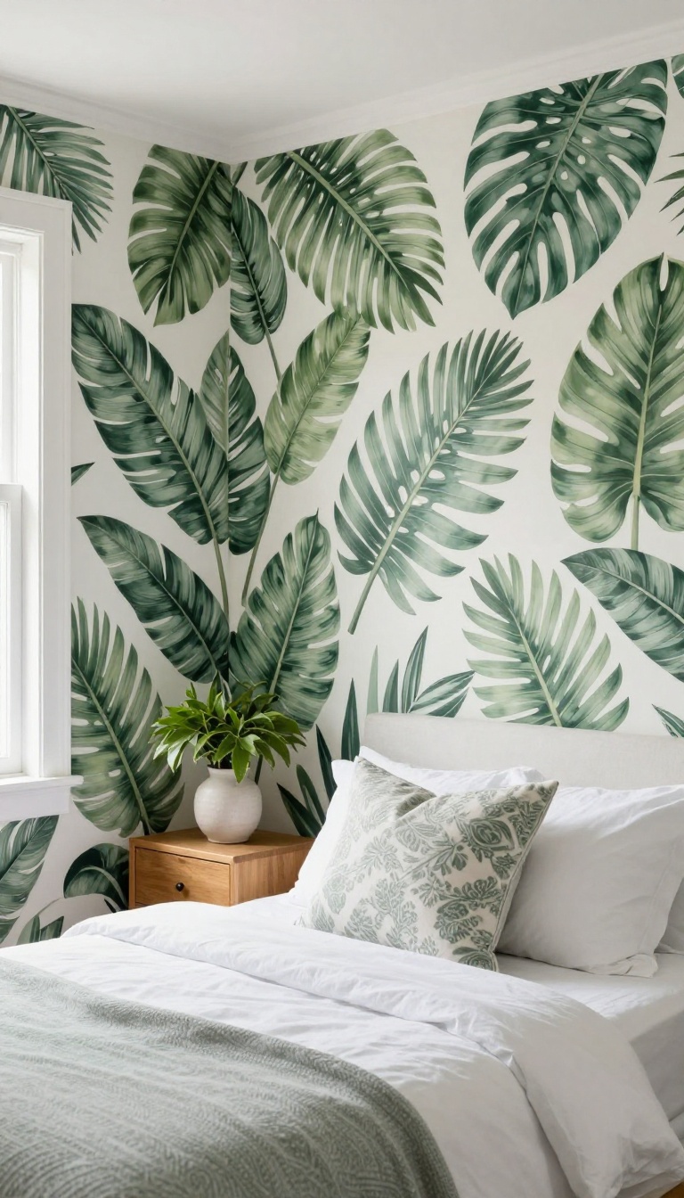 Small bedroom with bold tropical wallpaper feature wall and neutral decor