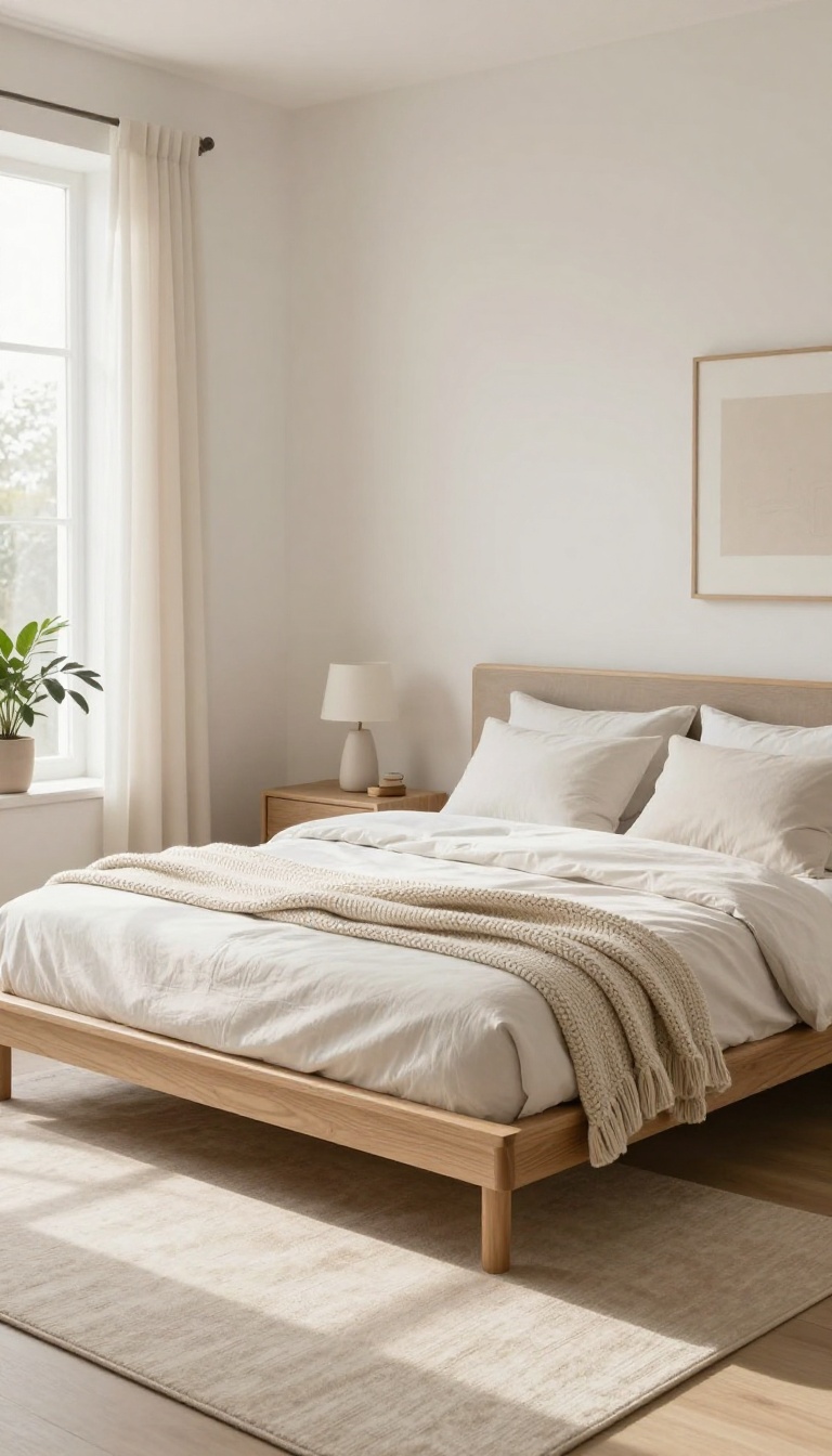 A cozy small bedroom with a low-profile bed frame, neutral bedding, and soft natural light, showcasing a grounded and open feel.