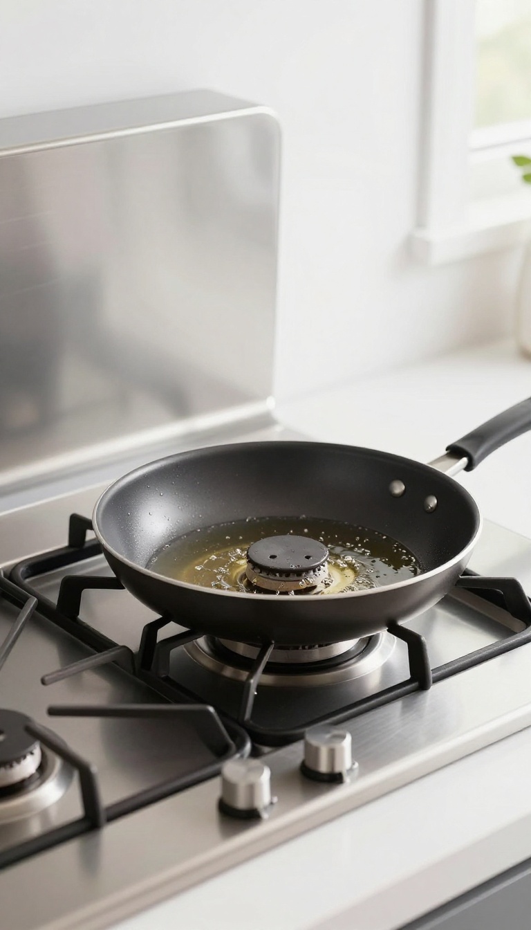 Close-up of a gas stove with a splatter guard and grease tray, capturing the idea of easy kitchen cleanup.