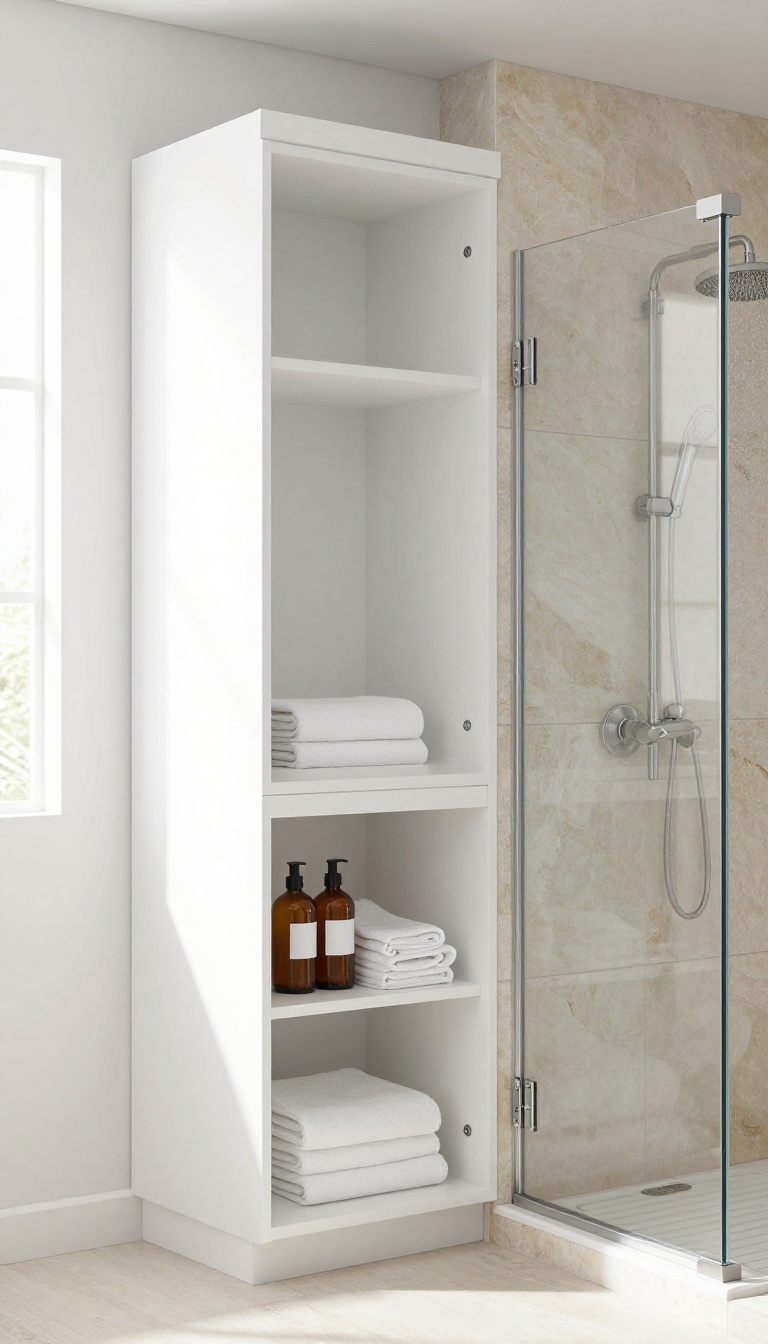 Modern bathroom with a custom built-in cabinet above the shower for extra storage, featuring white painted wood and stone tile surround.