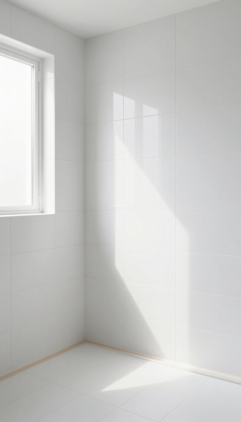 Bright bathroom with high-gloss white tiles reflecting light in a tub shower